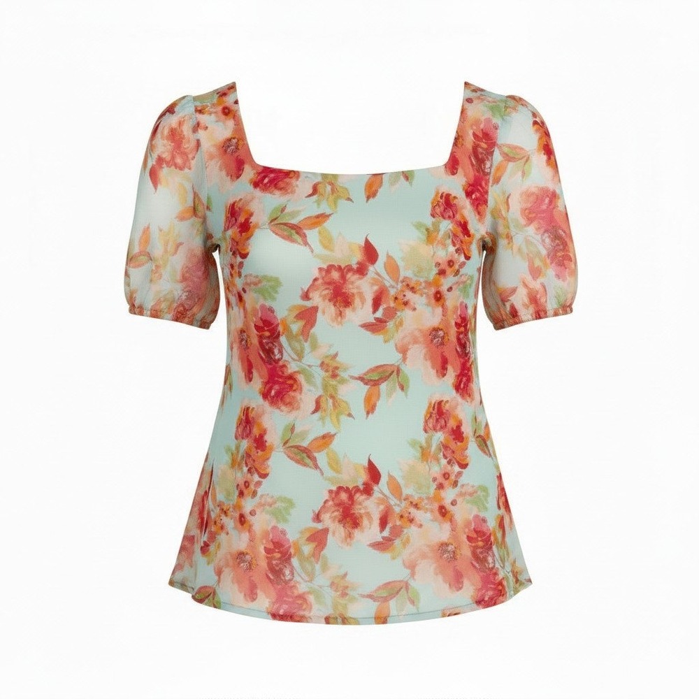 Willow Drive Blue Floral Top Square Neck Sheer Sleeve Cottagecore Blouse Medium
